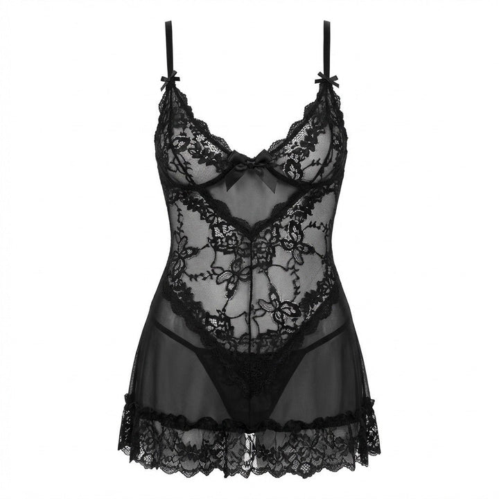 Women's Sheer Mesh Floral Lace Scallop-Hem Chemise - Black