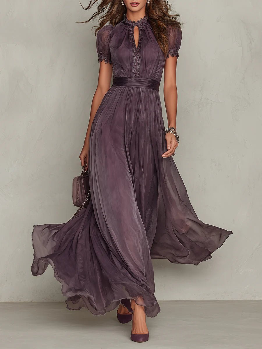 Women's Short Sleeve Keyhole Flowing Chiffon Maxi Dress - Purple