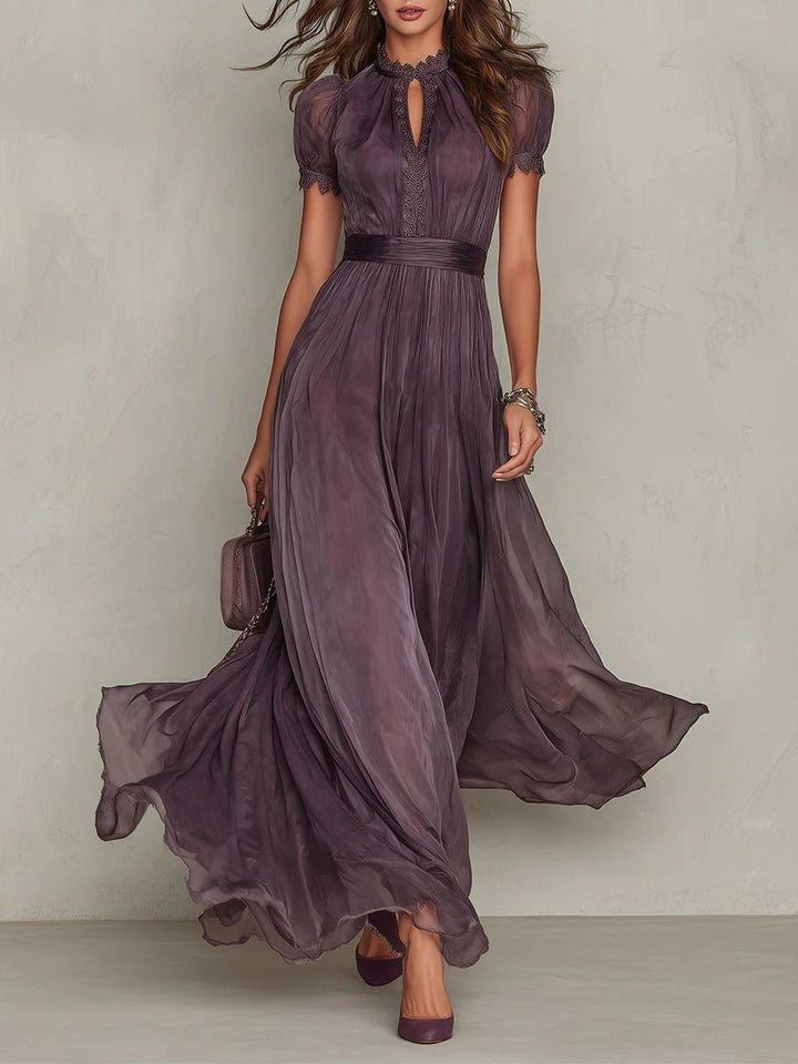 Women's Short Sleeve Keyhole Flowing Chiffon Maxi Dress - Purple