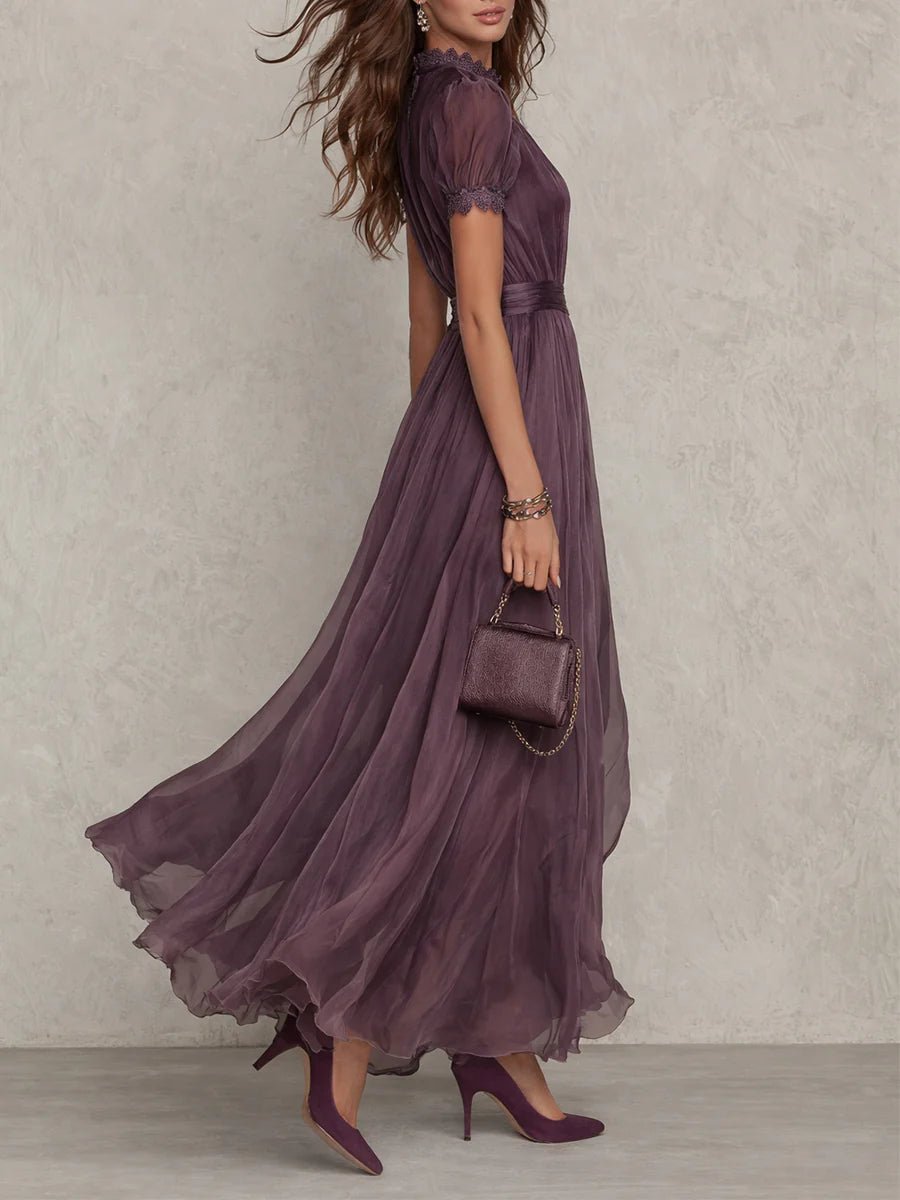 Women's Short Sleeve Keyhole Flowing Chiffon Maxi Dress