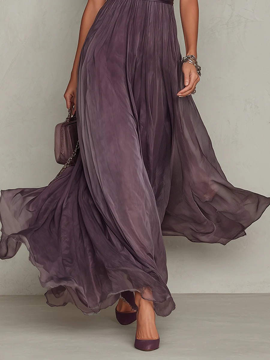 Women's Short Sleeve Keyhole Flowing Chiffon Maxi Dress
