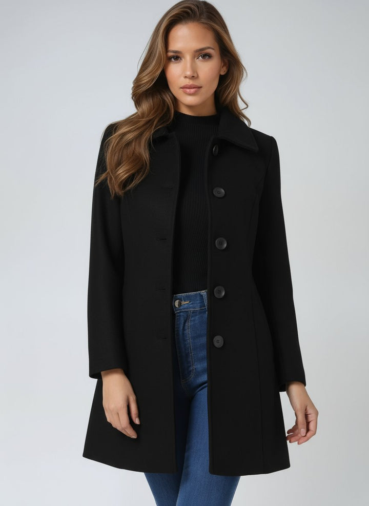 Women's Single-Breasted Structured Lapel Winter Coat - Black