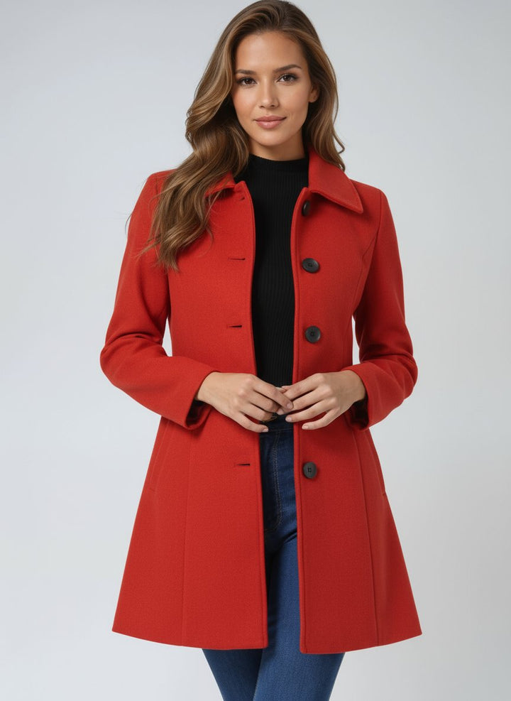 Women's Single-Breasted Structured Lapel Winter Coat - Red