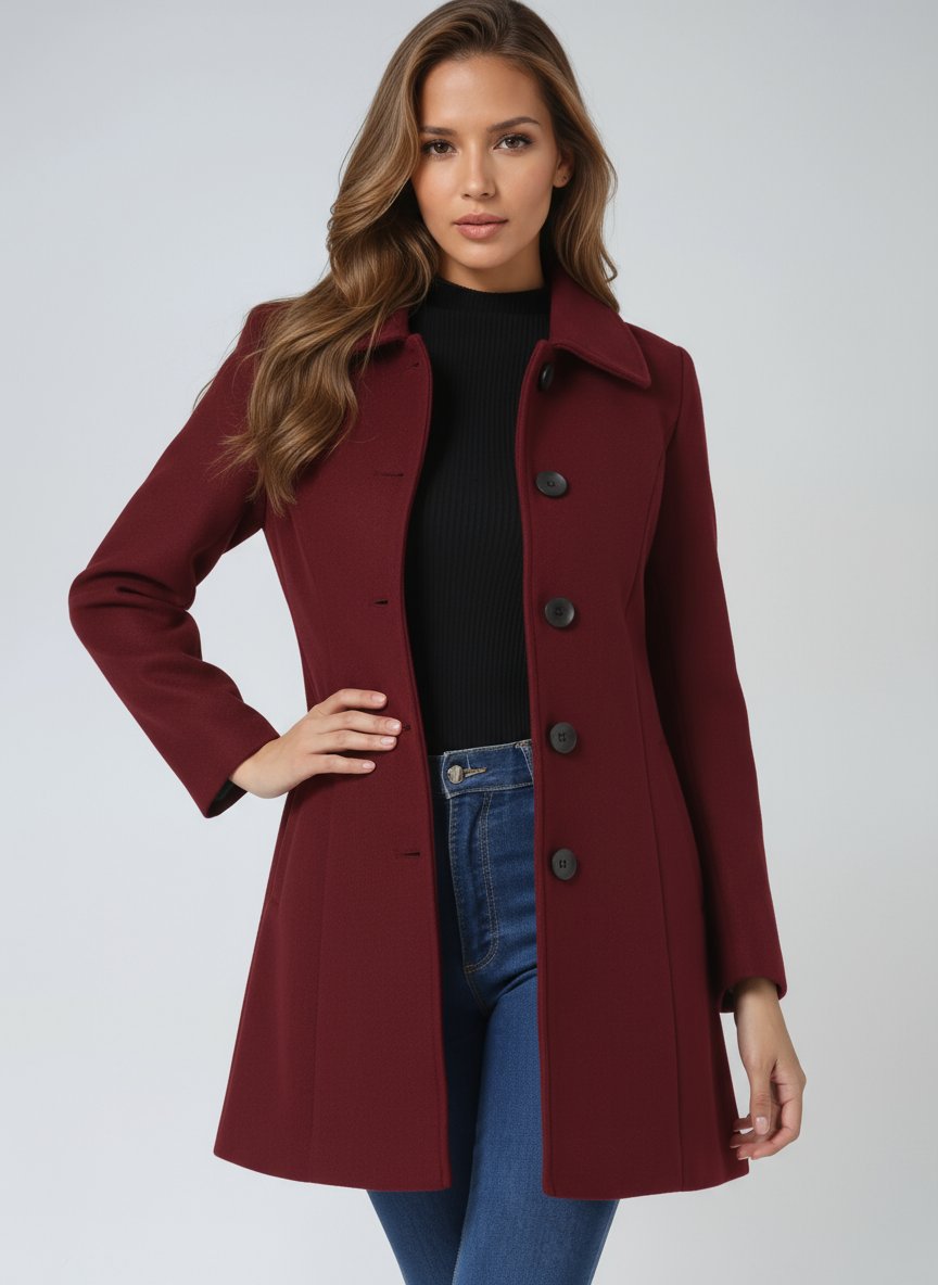 Women's Single-Breasted Structured Lapel Winter Coat - Dark Red