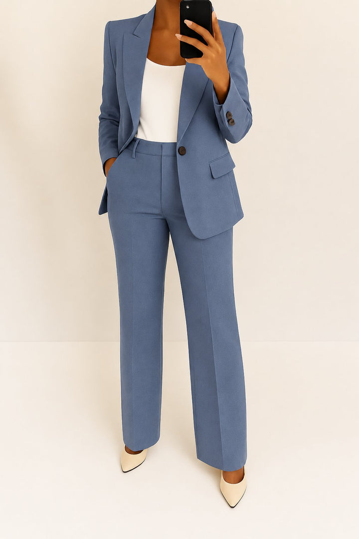 Women's Single-Button Straight-Leg Two-Piece Blazer Suit Set - Blue