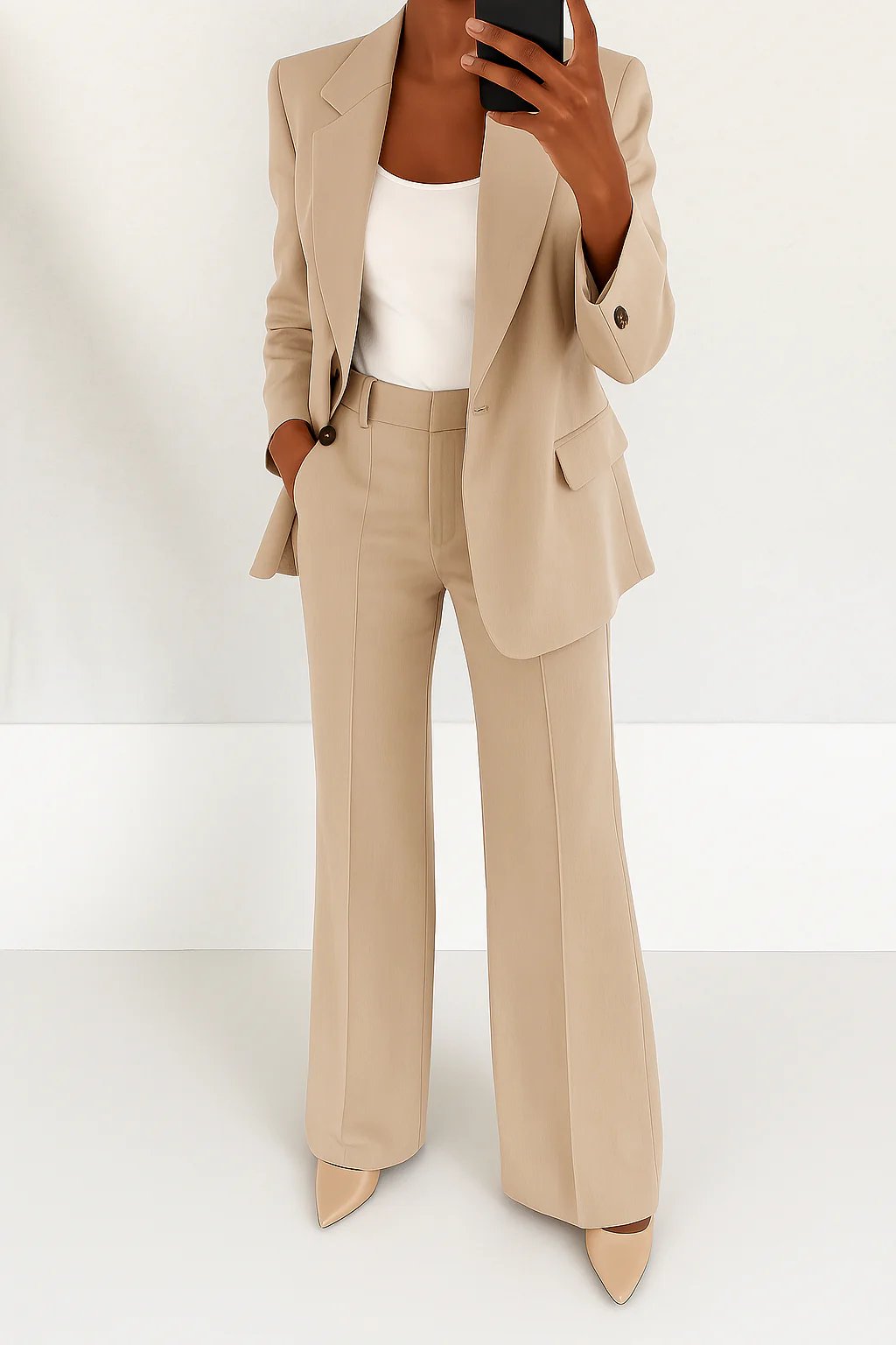 Women's Single-Button Straight-Leg Two-Piece Blazer Suit Set - Beige