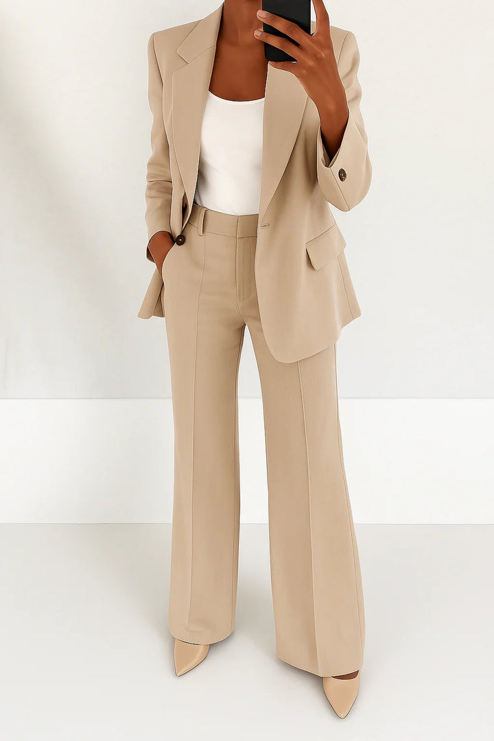 Women's Single-Button Straight-Leg Two-Piece Blazer Suit Set - Beige