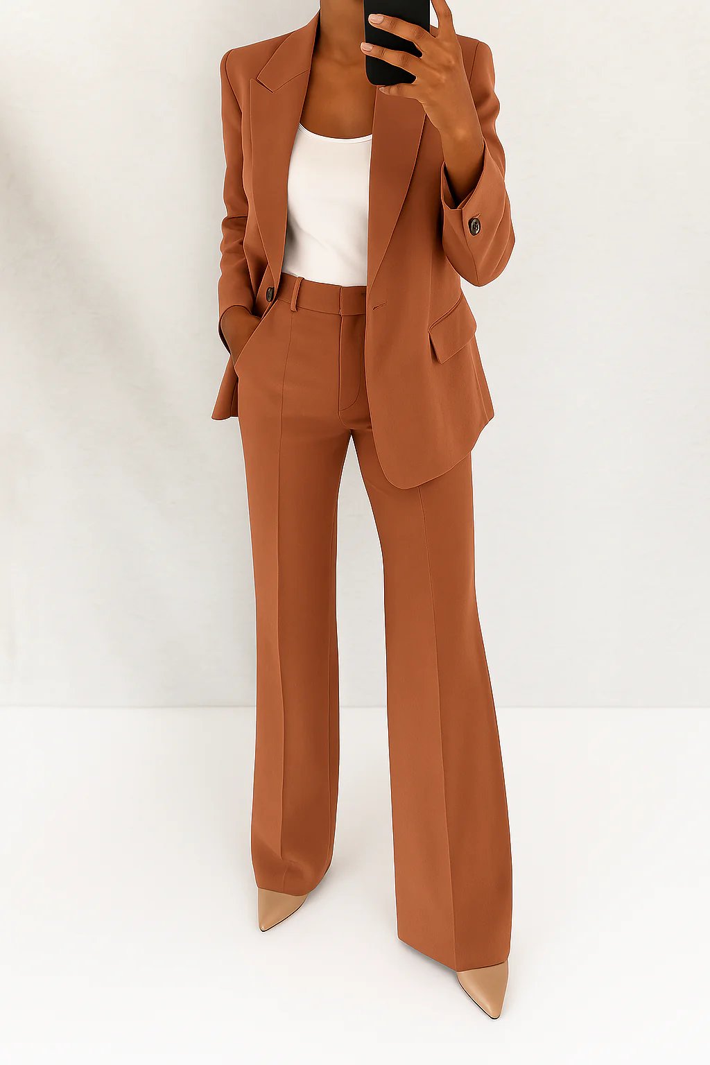 Women's Single-Button Straight-Leg Two-Piece Blazer Suit Set - Brown