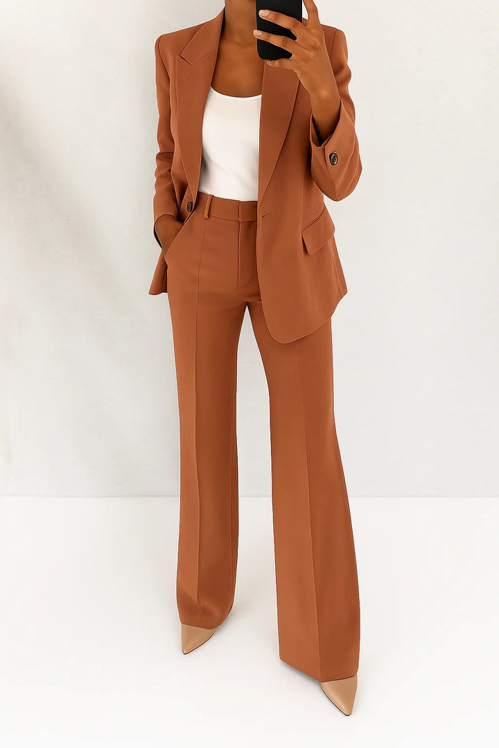 Women's Single-Button Straight-Leg Two-Piece Blazer Suit Set - Brown