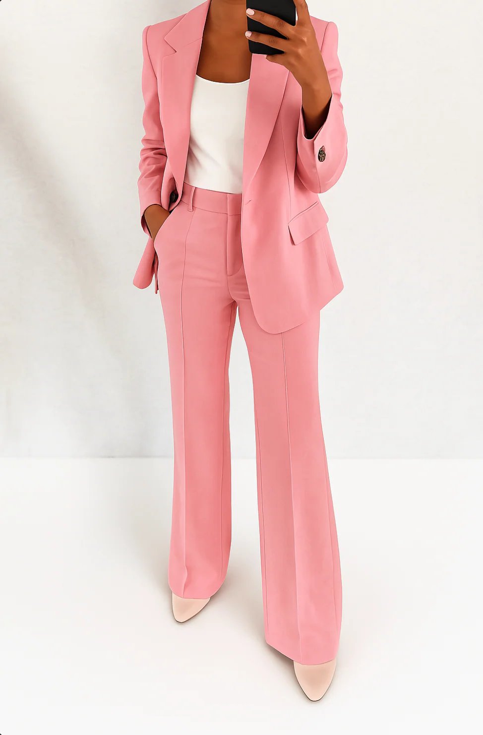 Women's Single-Button Straight-Leg Two-Piece Blazer Suit Set - Pink