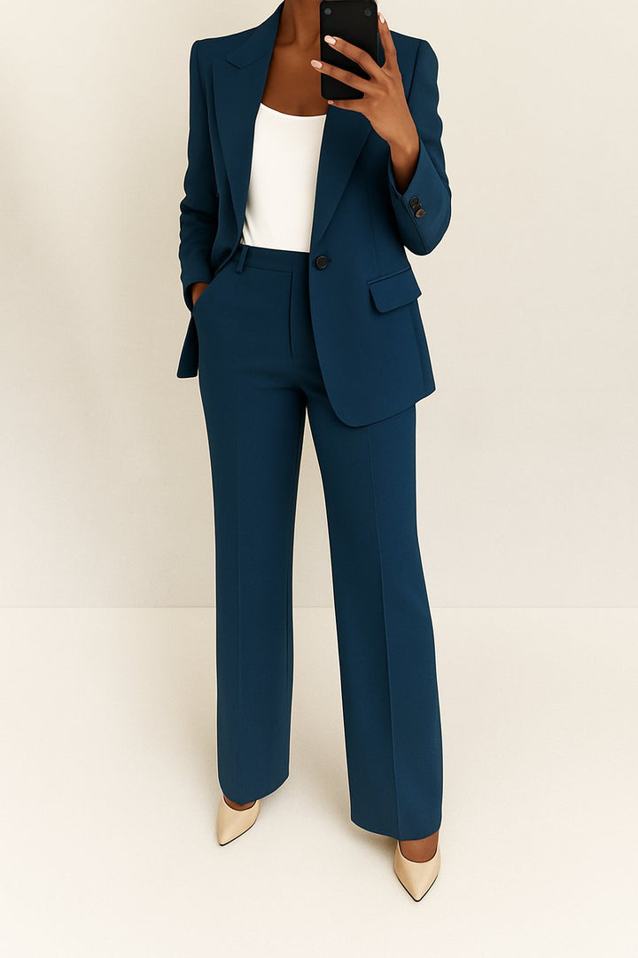 Women's Single-Button Straight-Leg Two-Piece Blazer Suit Set - Navy Blue