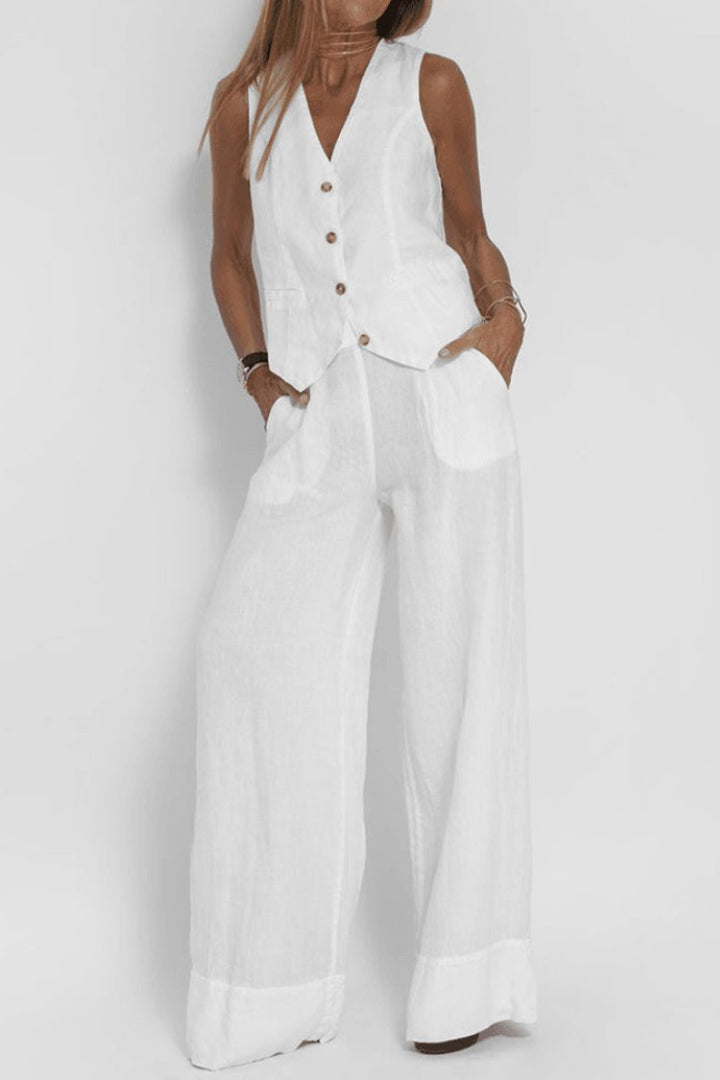 Women's Sleeveless Button-Front Vest Wide-Leg Pants Two-Piece Set - White