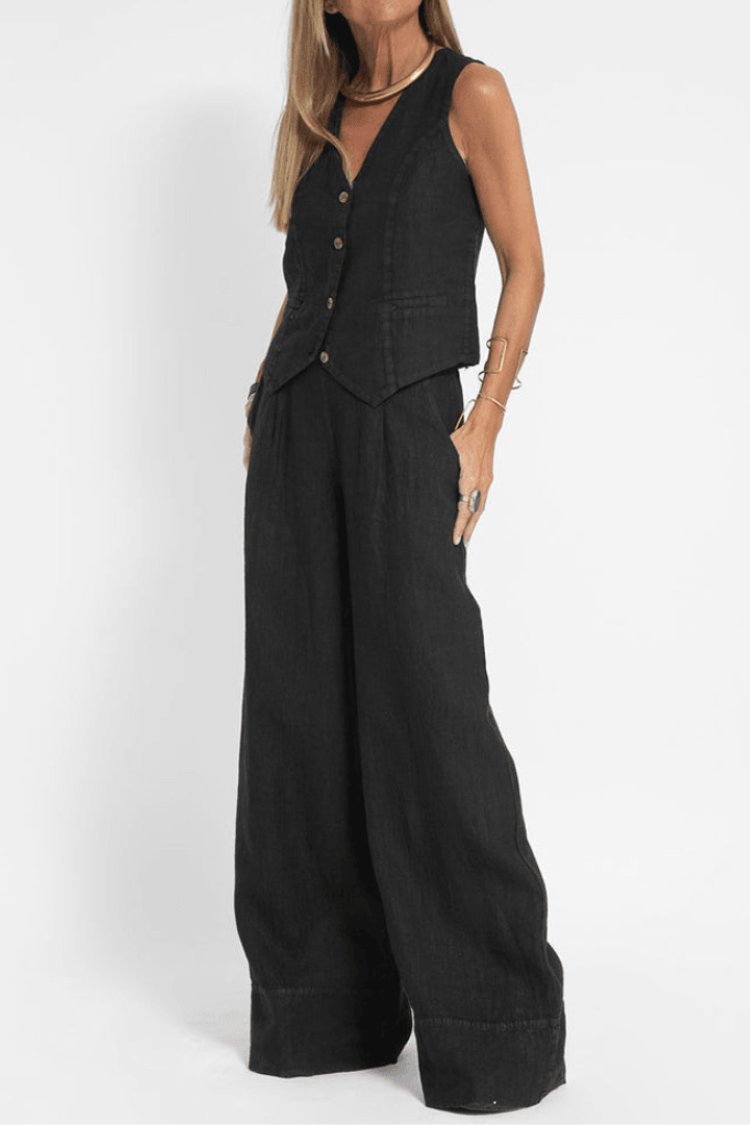 Women's Sleeveless Button-Front Vest Wide-Leg Pants Two-Piece Set - Black