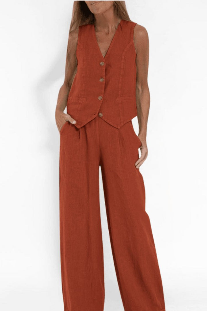 Women's Sleeveless Button-Front Vest Wide-Leg Pants Two-Piece Set - Orange