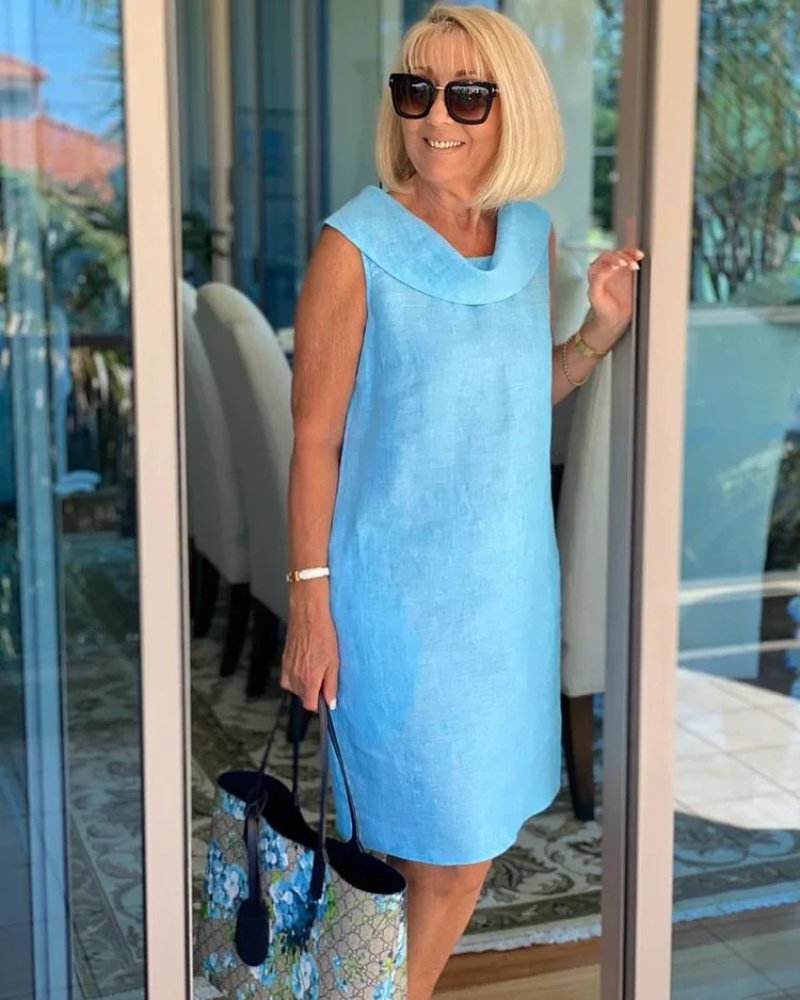 Women's Sleeveless Cowl-Neck Shift Dress - Sky Blue