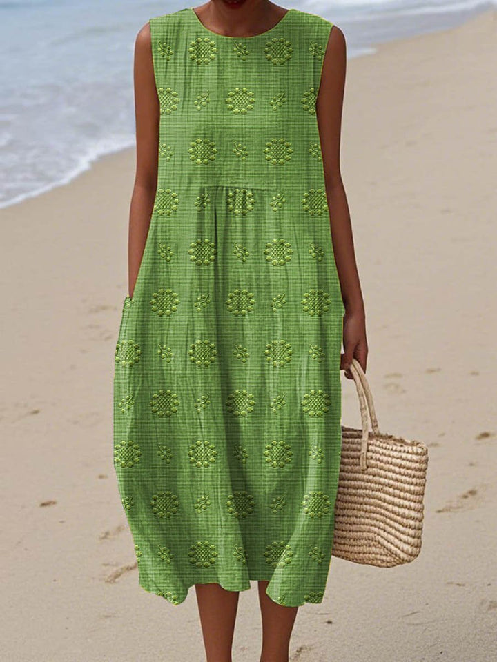 Women's Sleeveless Embroidered Cotton Midi Dress Pockets - Green
