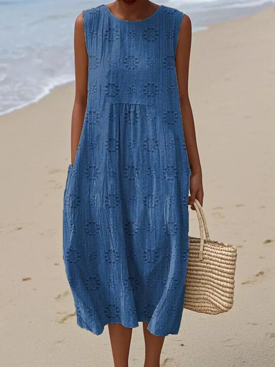 Women's Sleeveless Embroidered Cotton Midi Dress Pockets - Blue