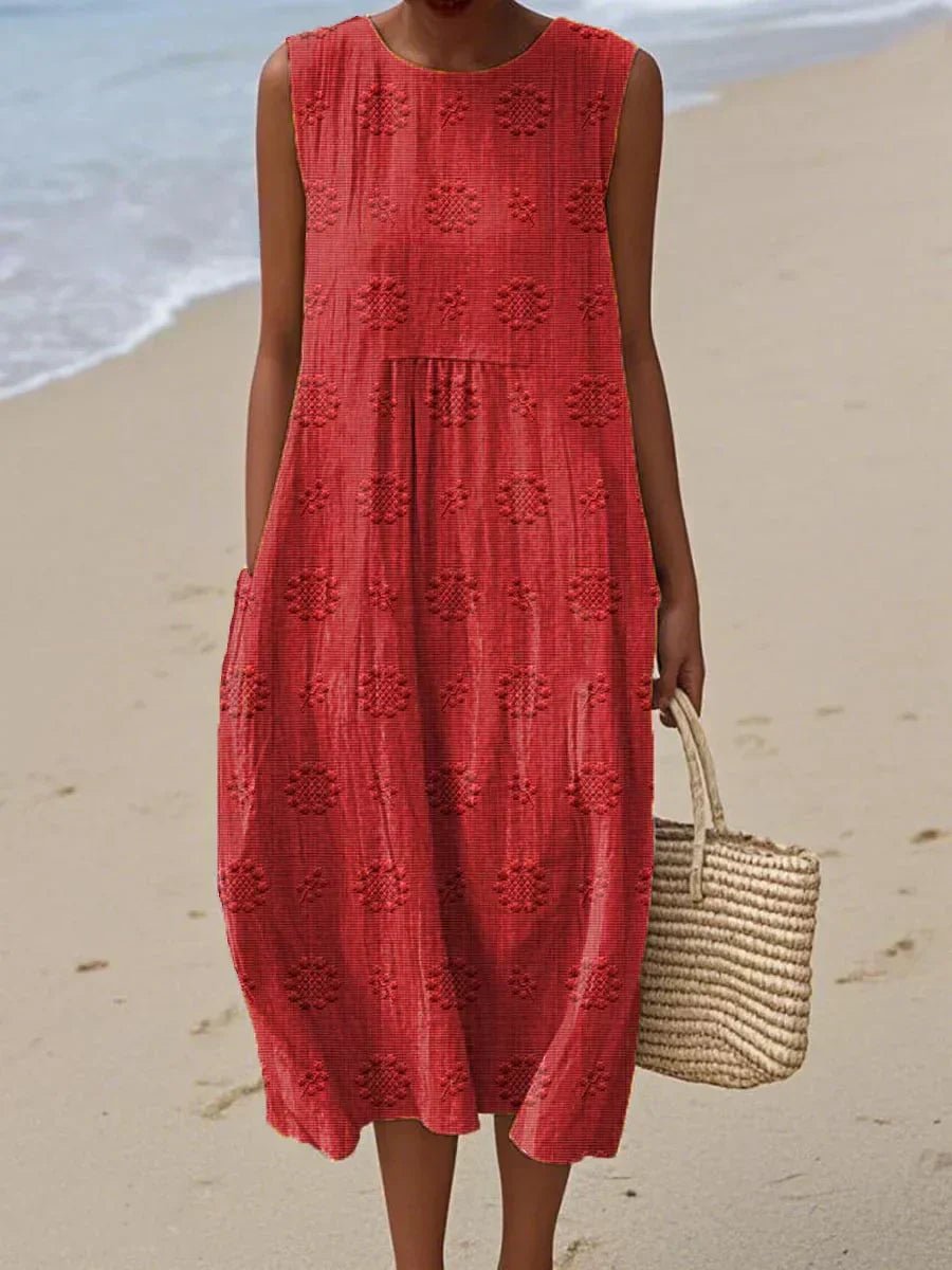 Women's Sleeveless Embroidered Cotton Midi Dress Pockets - Red