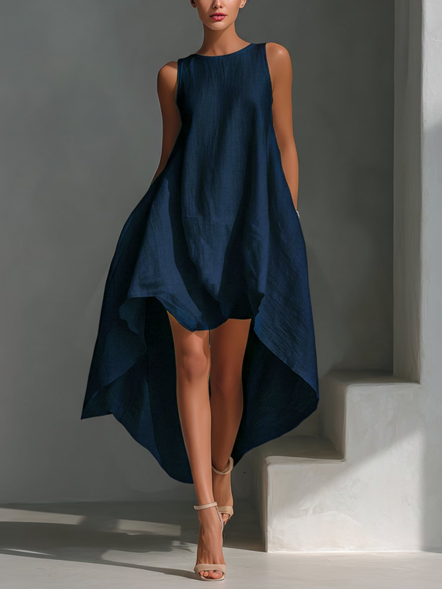 Women's Sleeveless Linen Asymmetric Handkerchief Hem Midi Dress - Navy blue