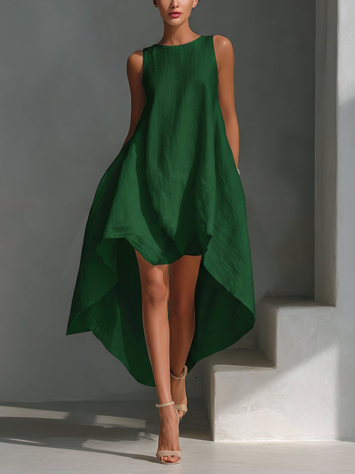 Women's Sleeveless Linen Asymmetric Handkerchief Hem Midi Dress - Green