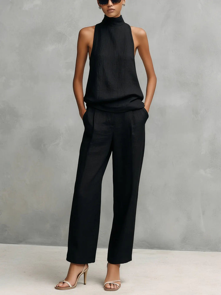 Women's Sleeveless Mock-Neck Cotton-Linen Two-Piece Top Pants Set - Black