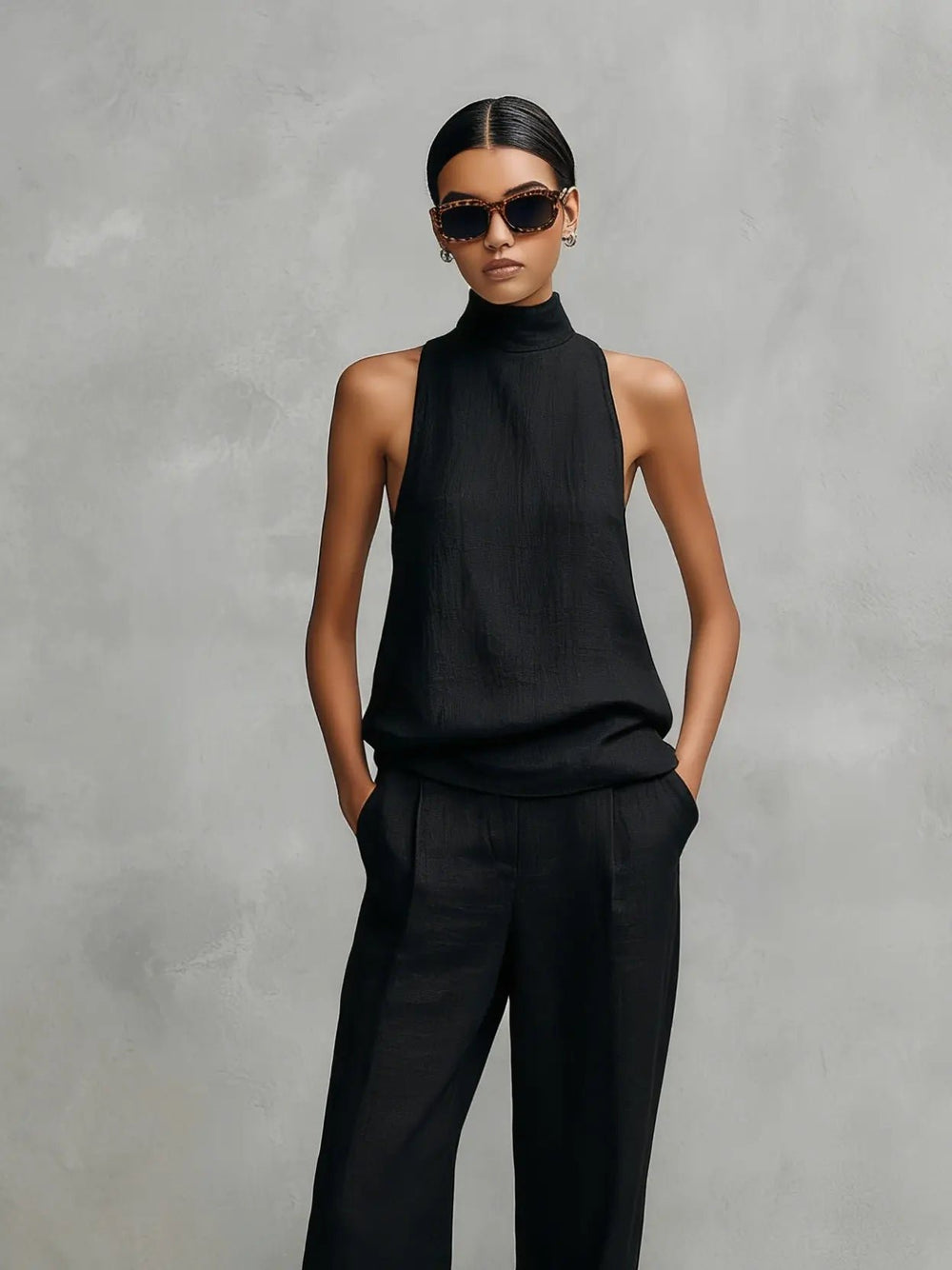 Women's Sleeveless Mock-Neck Cotton-Linen Two-Piece Top Pants Set