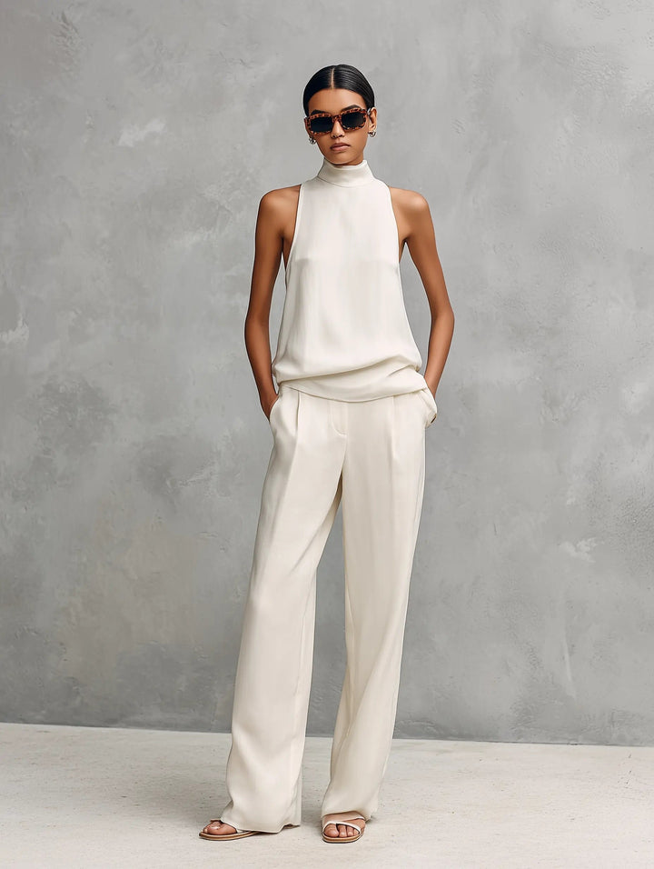 Women's Sleeveless Mock-Neck Cotton-Linen Two-Piece Top Pants Set - White