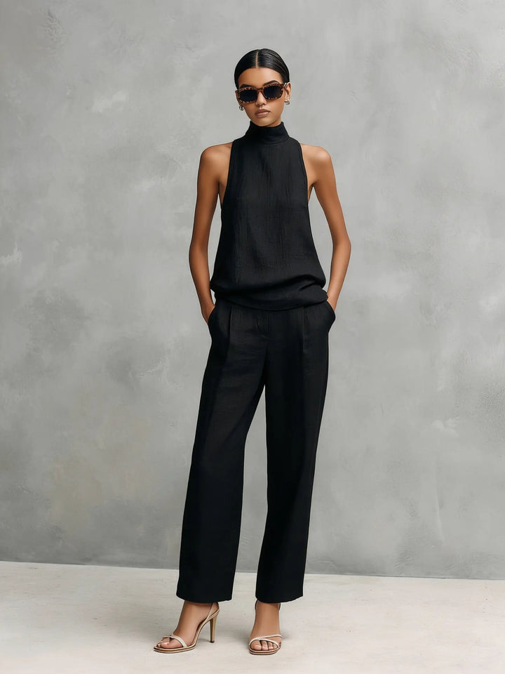Women's Sleeveless Mock-Neck Cotton-Linen Two-Piece Top Pants Set