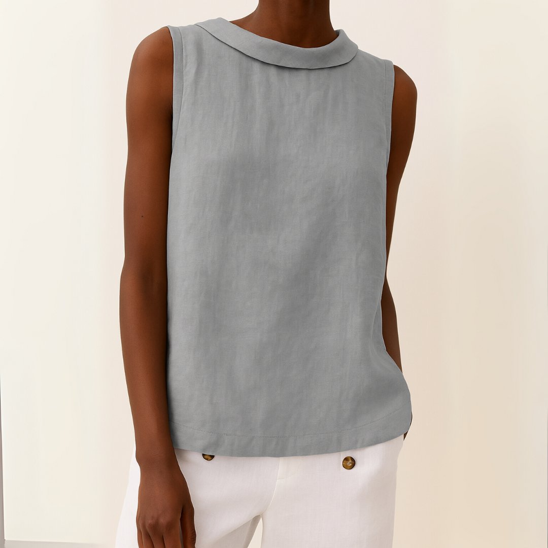 Women's Sleeveless Roll-Neck Linen-Blend Blouse - Grey