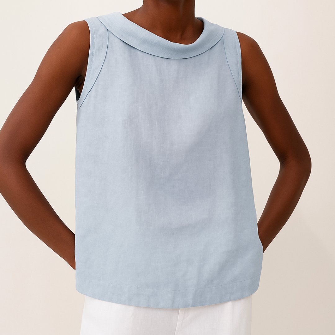 Women's Sleeveless Roll-Neck Linen-Blend Blouse - Blue