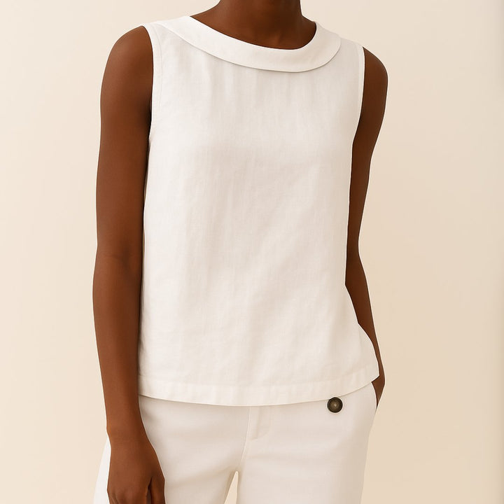 Women's Sleeveless Roll-Neck Linen-Blend Blouse - White