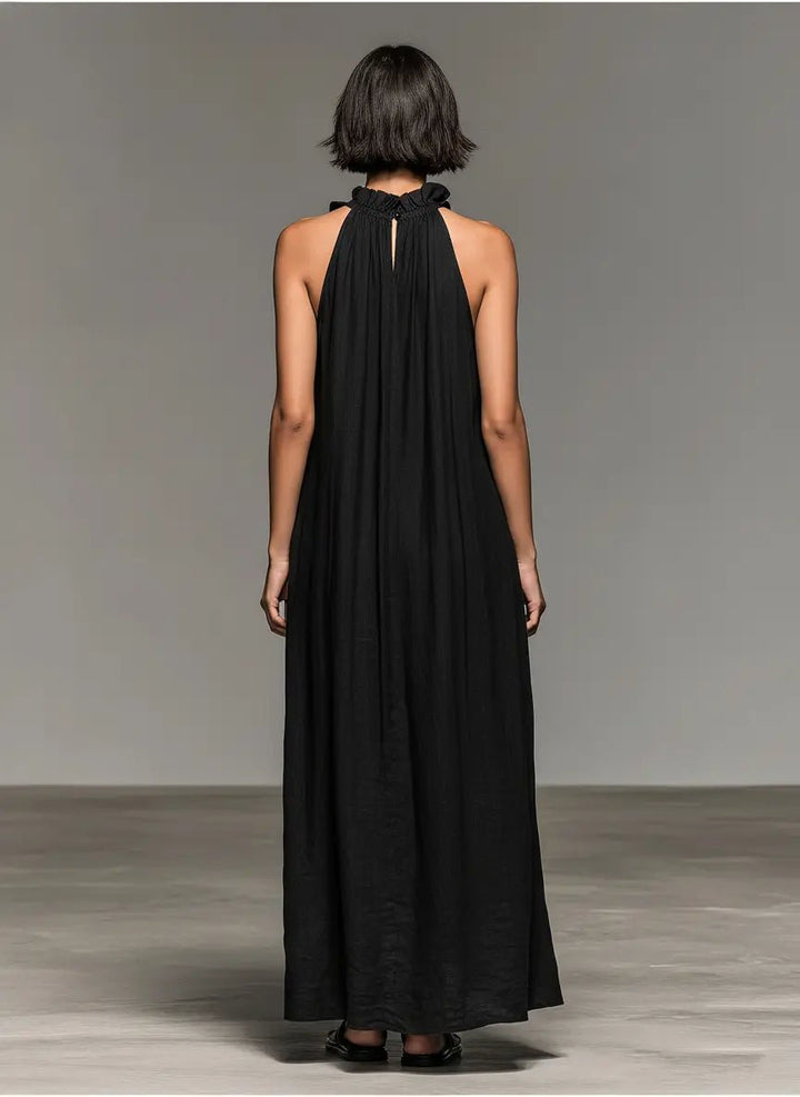 Women's Sleeveless Ruffle-Trim Linen Blend Halter Maxi Dress