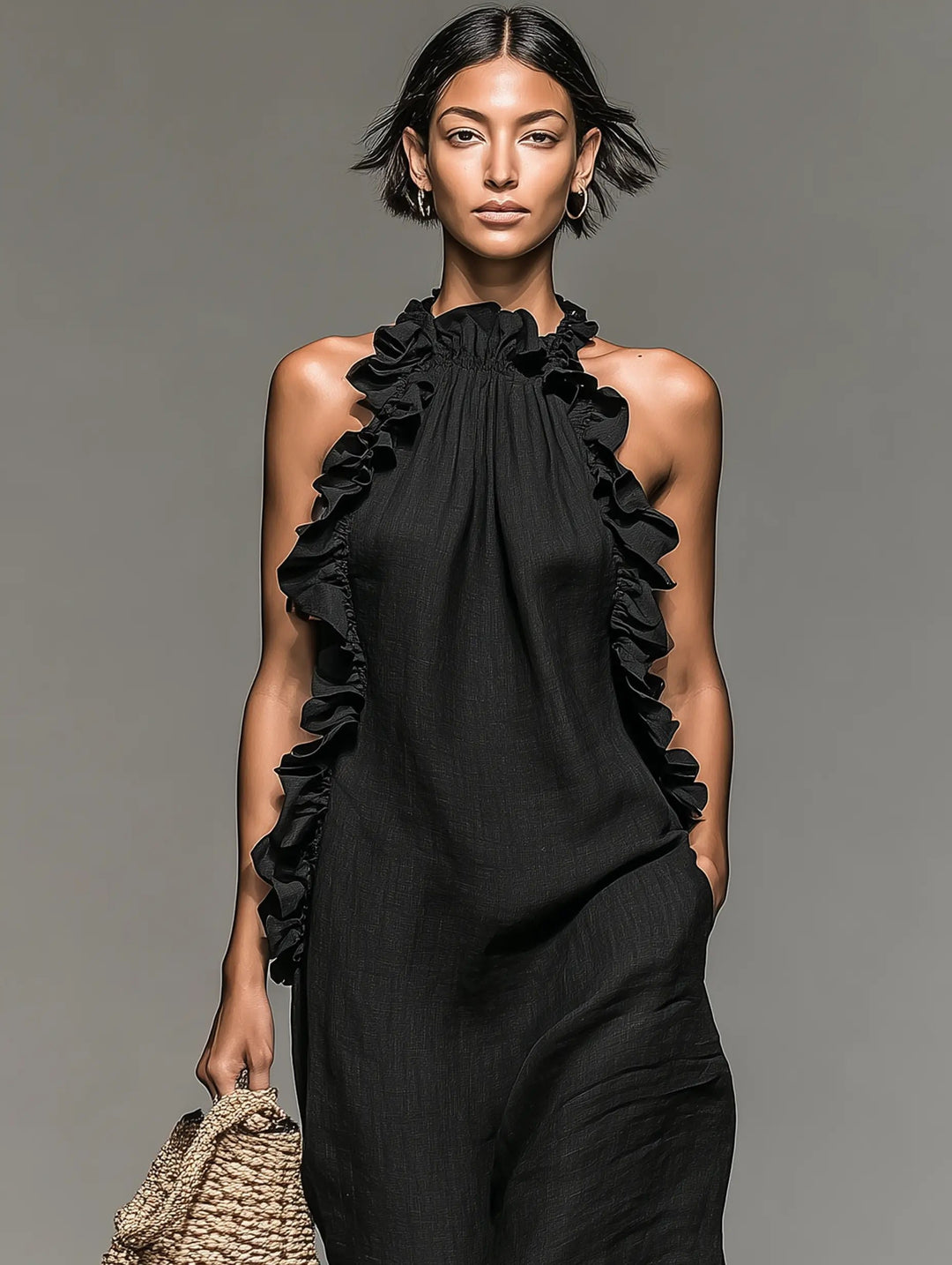 Women's Sleeveless Ruffle-Trim Linen Blend Halter Maxi Dress