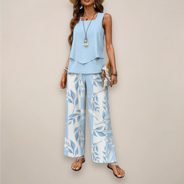 Women's Sleeveless Square-Neck Layered Top Wide-Leg Pants Two-Piece Set - Blue