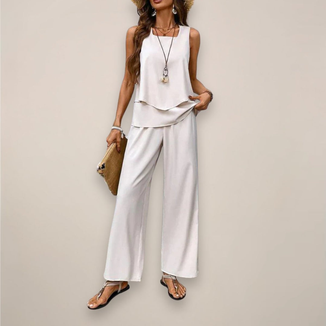 Women's Sleeveless Square-Neck Layered Top Wide-Leg Pants Two-Piece Set - Beige