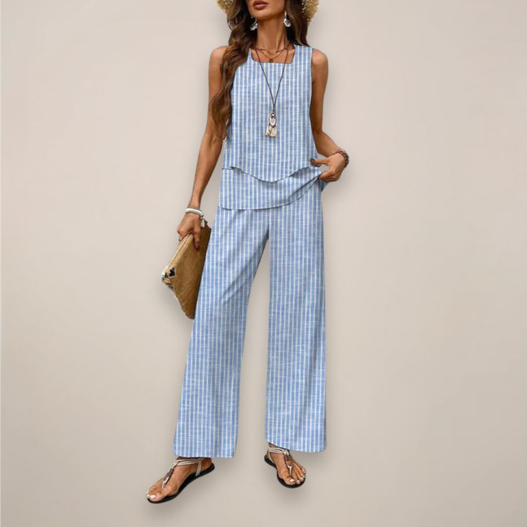 Women's Sleeveless Square-Neck Layered Top Wide-Leg Pants Two-Piece Set - Blue Stripes
