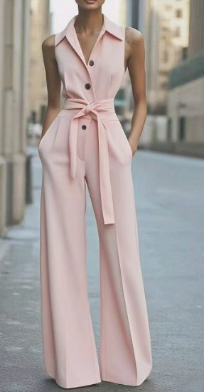Women's Sleeveless Wide-Leg Belted Button-Front Jumpsuit - Pink