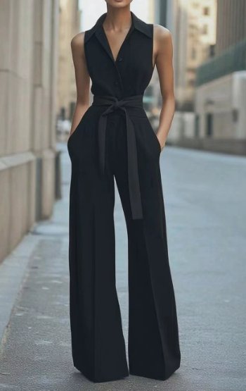 Women's Sleeveless Wide-Leg Belted Button-Front Jumpsuit - Black