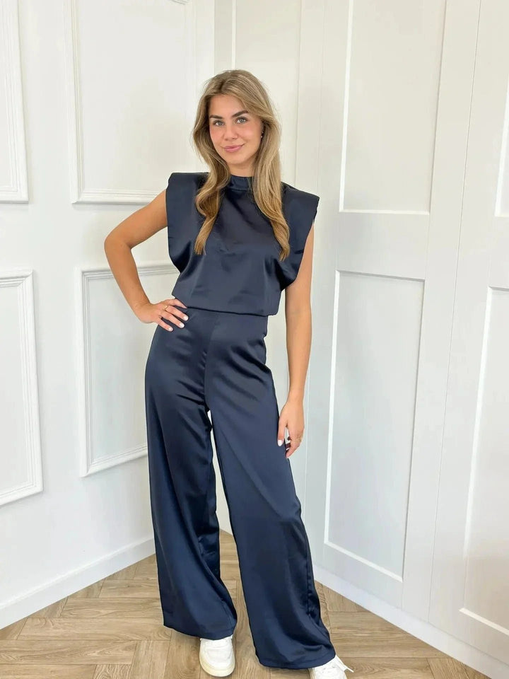 Women's Sleeveless Wide-Leg Satin Jumpsuit - Marineblauw