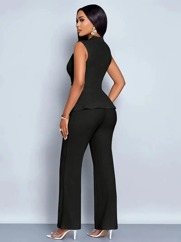 Women's Sleeveless Wrap-Waist Peplum Top Flared Pants Set