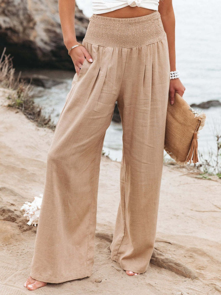 Women's Smocked High-Waist Wide-Leg Linen Pants - Beige