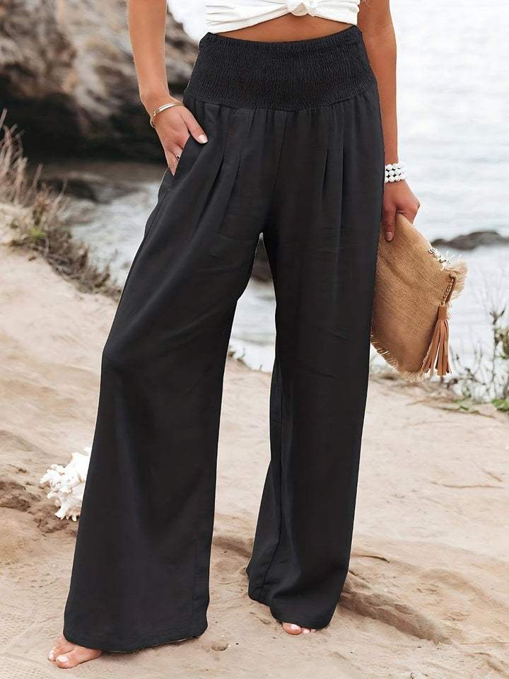 Women's Smocked High-Waist Wide-Leg Linen Pants - Black