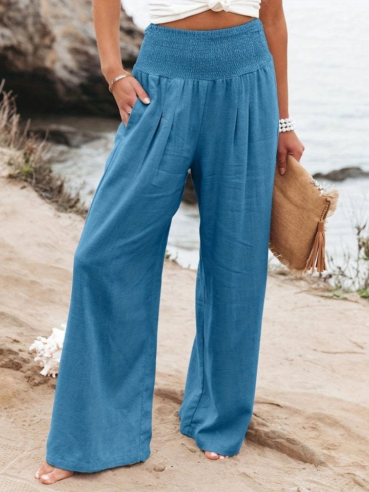 Women's Smocked High-Waist Wide-Leg Linen Pants - Blue