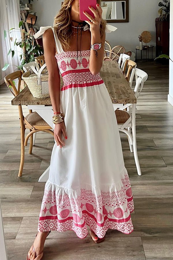 Women's Smocked Square-Neck Tie-Shoulder Boho Maxi Dress