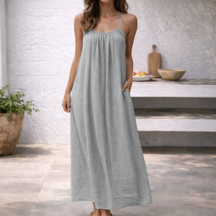 Women's Spaghetti Strap Flowy Linen Maxi Dress Pockets