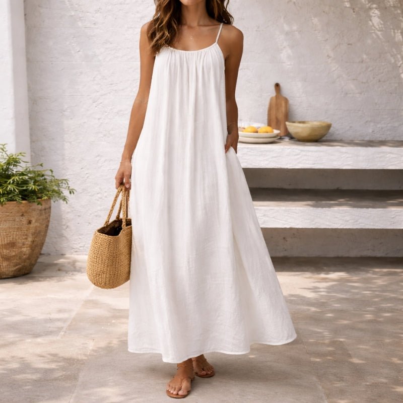 Women's Spaghetti Strap Flowy Linen Maxi Dress Pockets