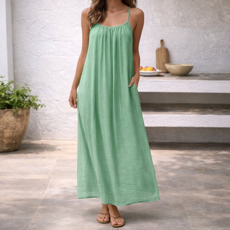 Women's Spaghetti Strap Flowy Linen Maxi Dress Pockets
