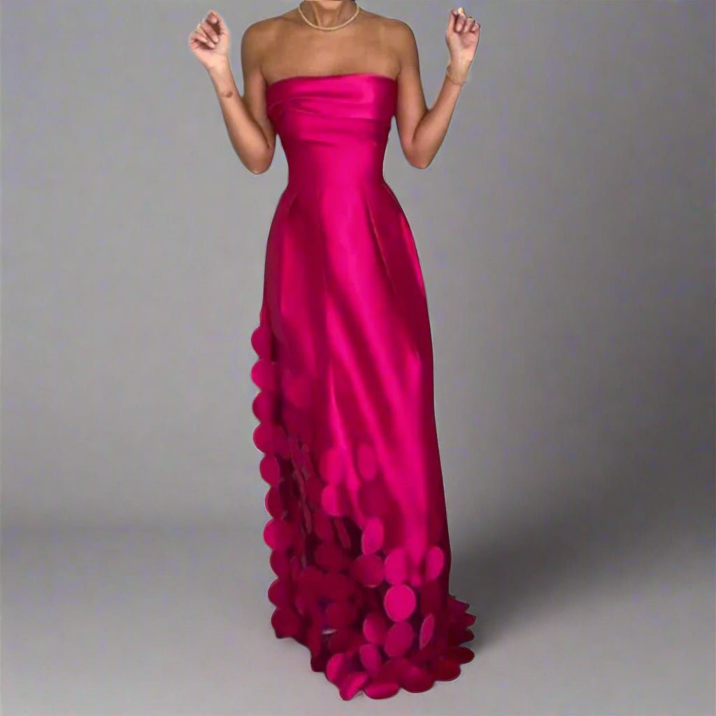 Women's Strapless Fitted-Bodice Petal-Hem Satin Maxi Dress