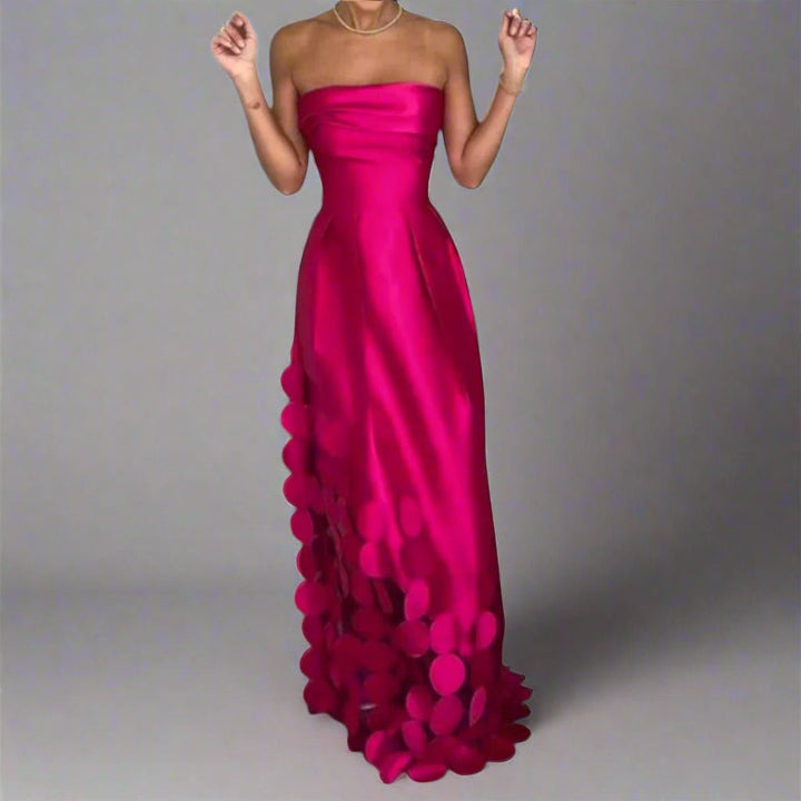 Women's Strapless Fitted-Bodice Petal-Hem Satin Maxi Dress