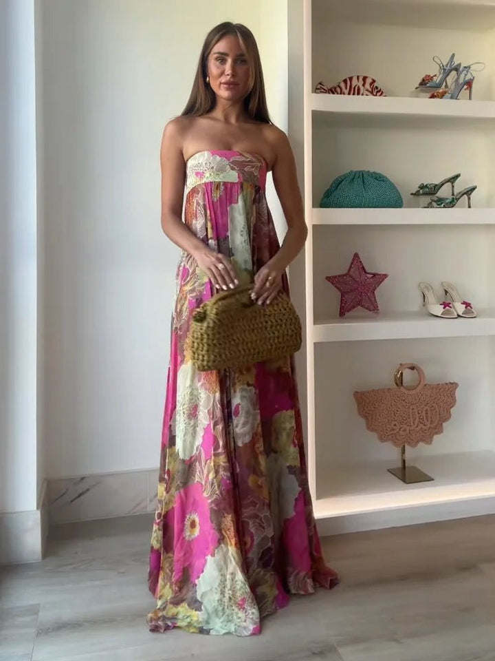 Women's Strapless Floral Floor-Length Maxi Wedding Guest Dress